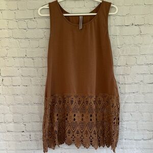 Pretty Angel Brown Tank with Crochet Lace Trim Linen blend